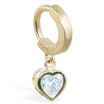 TummyToys® Yellow Gold Cubic Zirconia Heart Belly Ring. Designer Navel Rings.